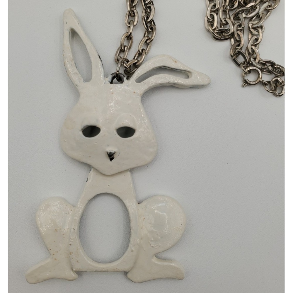 Vtg White Rabbit Enamel Pendant 24" Statement Necklace